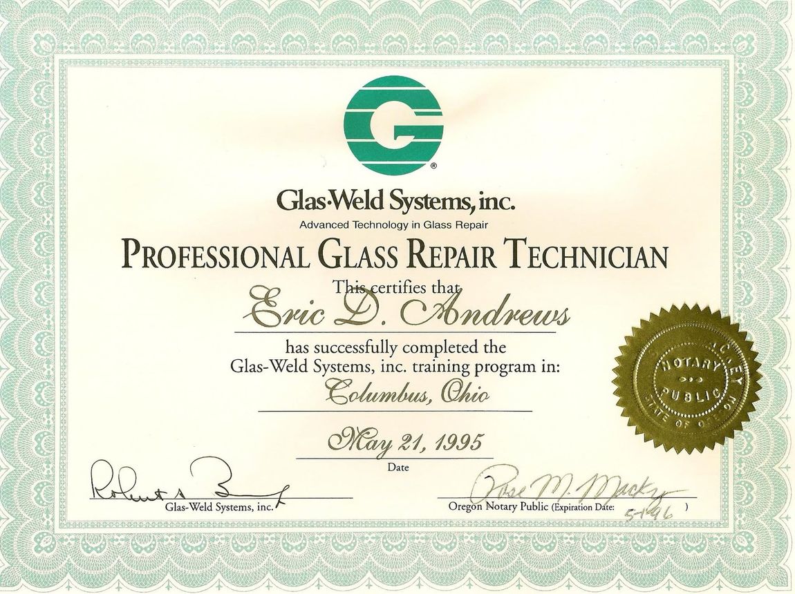 Vintage green and gold professional glass repair technician certificate with decorative borders and signatures