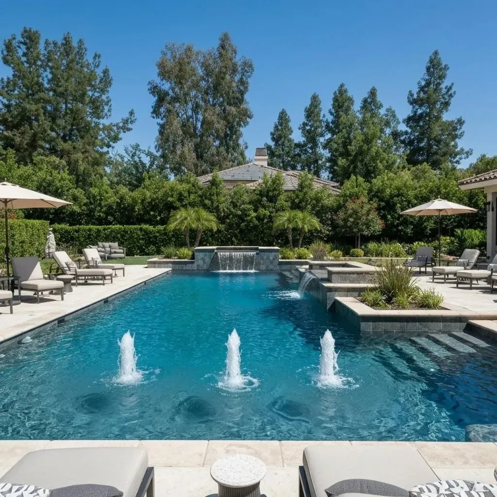Luxury swimming pool with water features and landscaped backyard in Bakersfield.