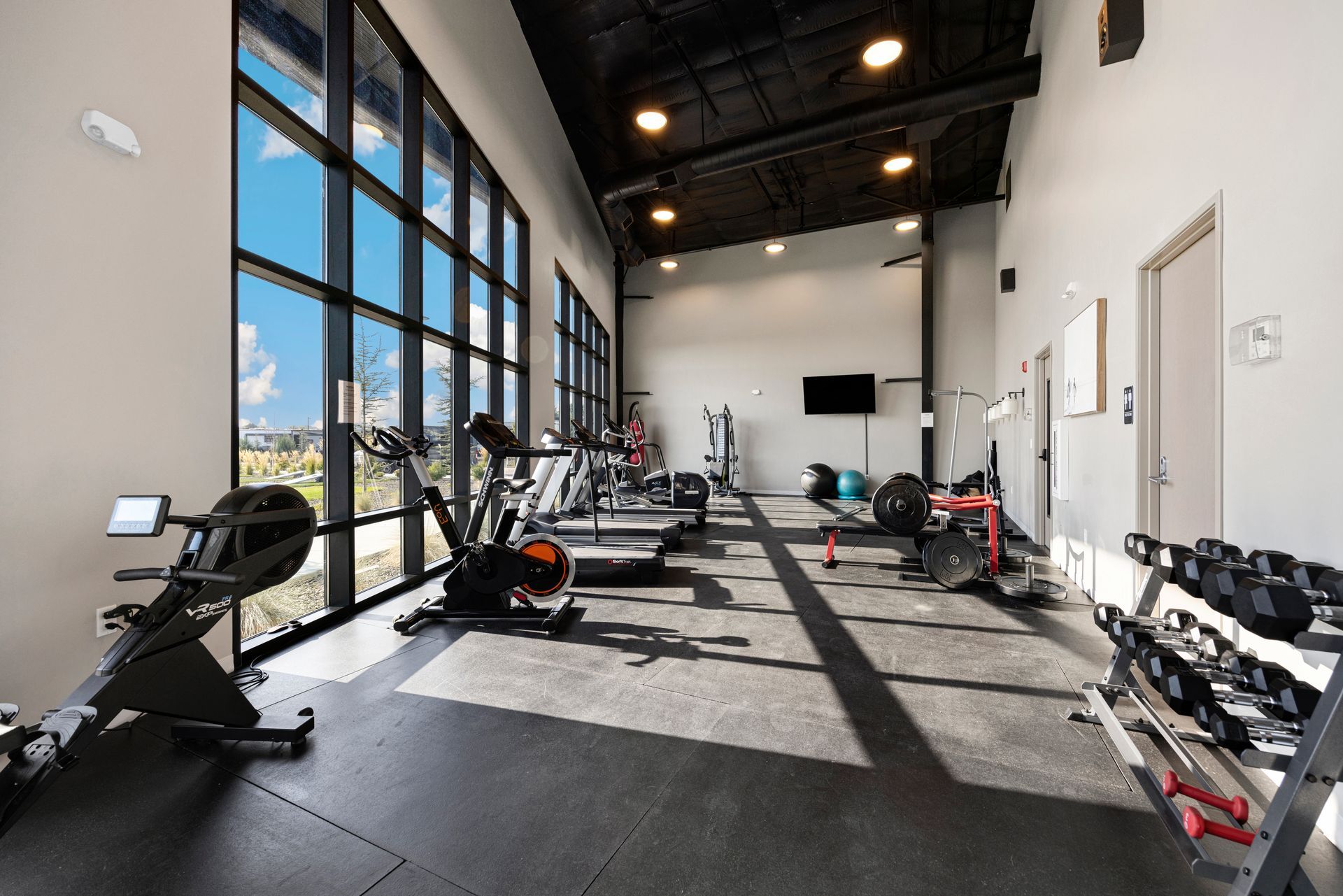 Bright gym interior with cardio machines, weights, and floor to ceiling windows at Sun Creek Point RV Resort.