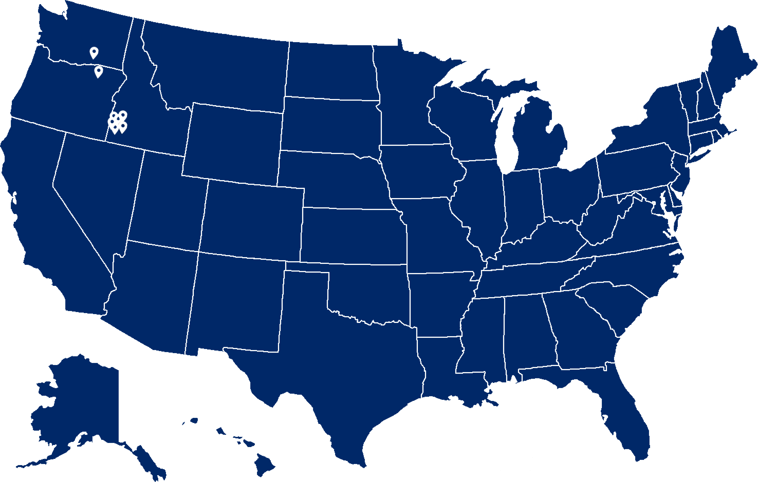 Blue map of Blue Terra Management's park locations throughout the United States with state borders outlined in white.