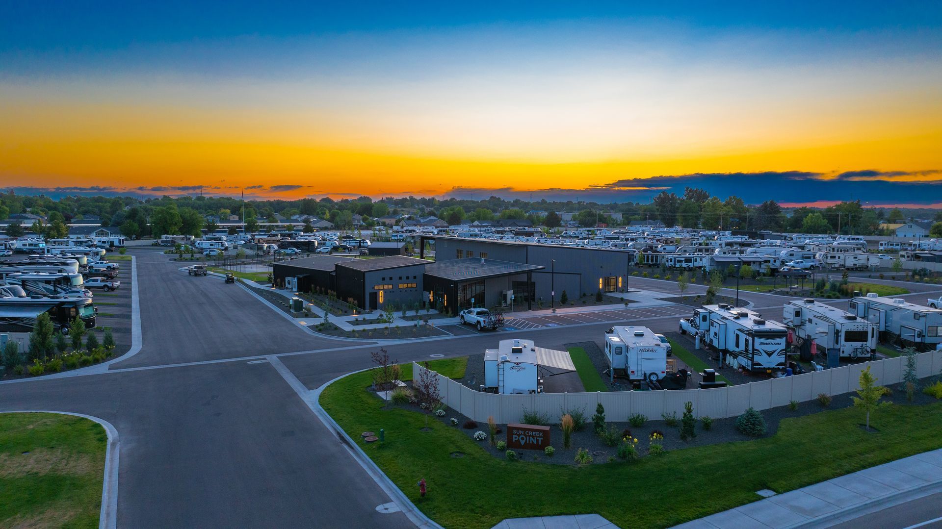 Sunset over Sun Creek Point RV Resort in Caldwell, Idaho.