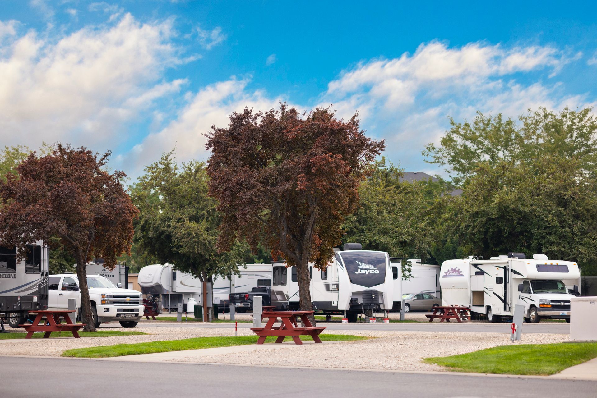 Mature trees provide ample shade for RVs at the Boise Meridian KOA. 