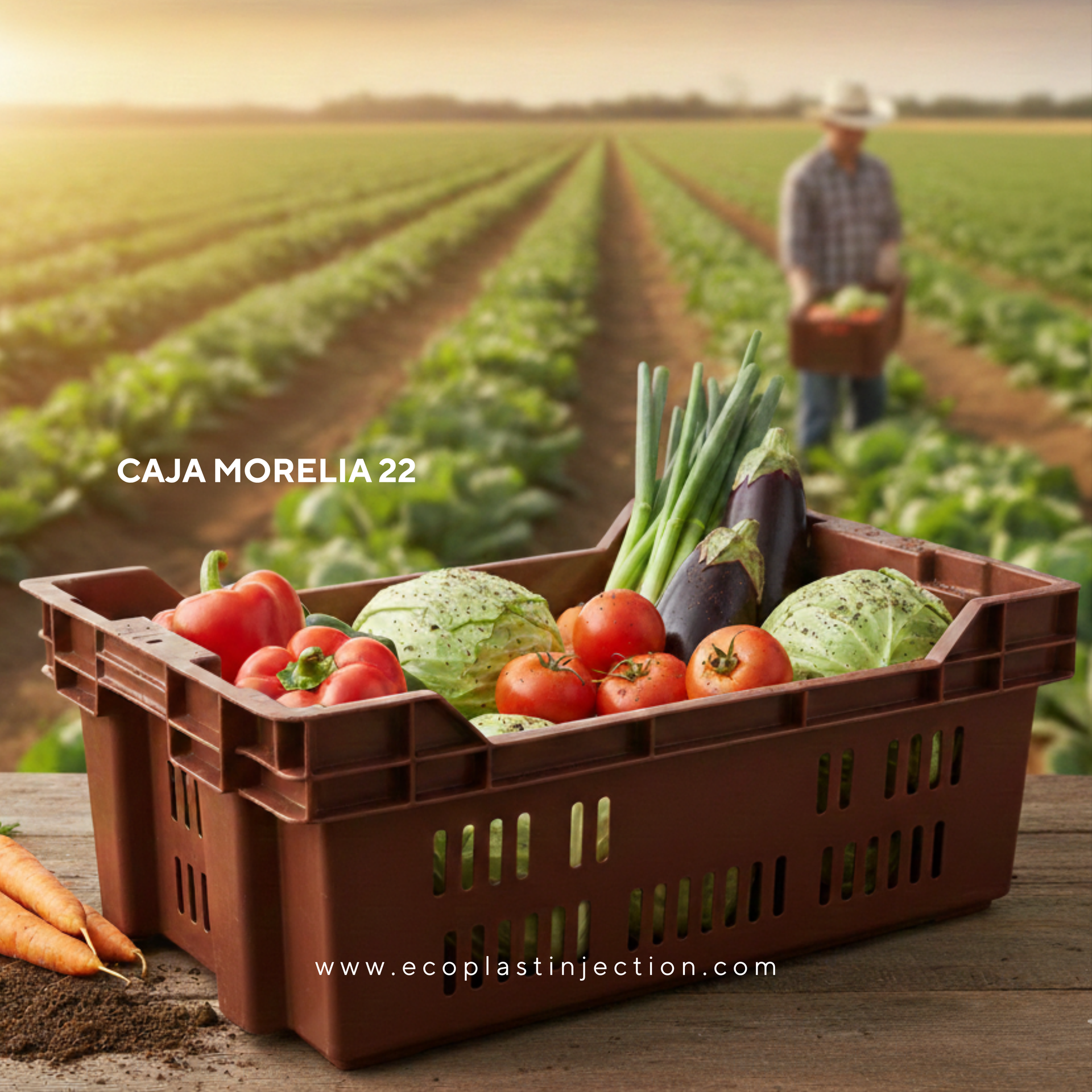 Brown crate of fresh vegetables and tomatoes in a field, with a farmer blurred in the background