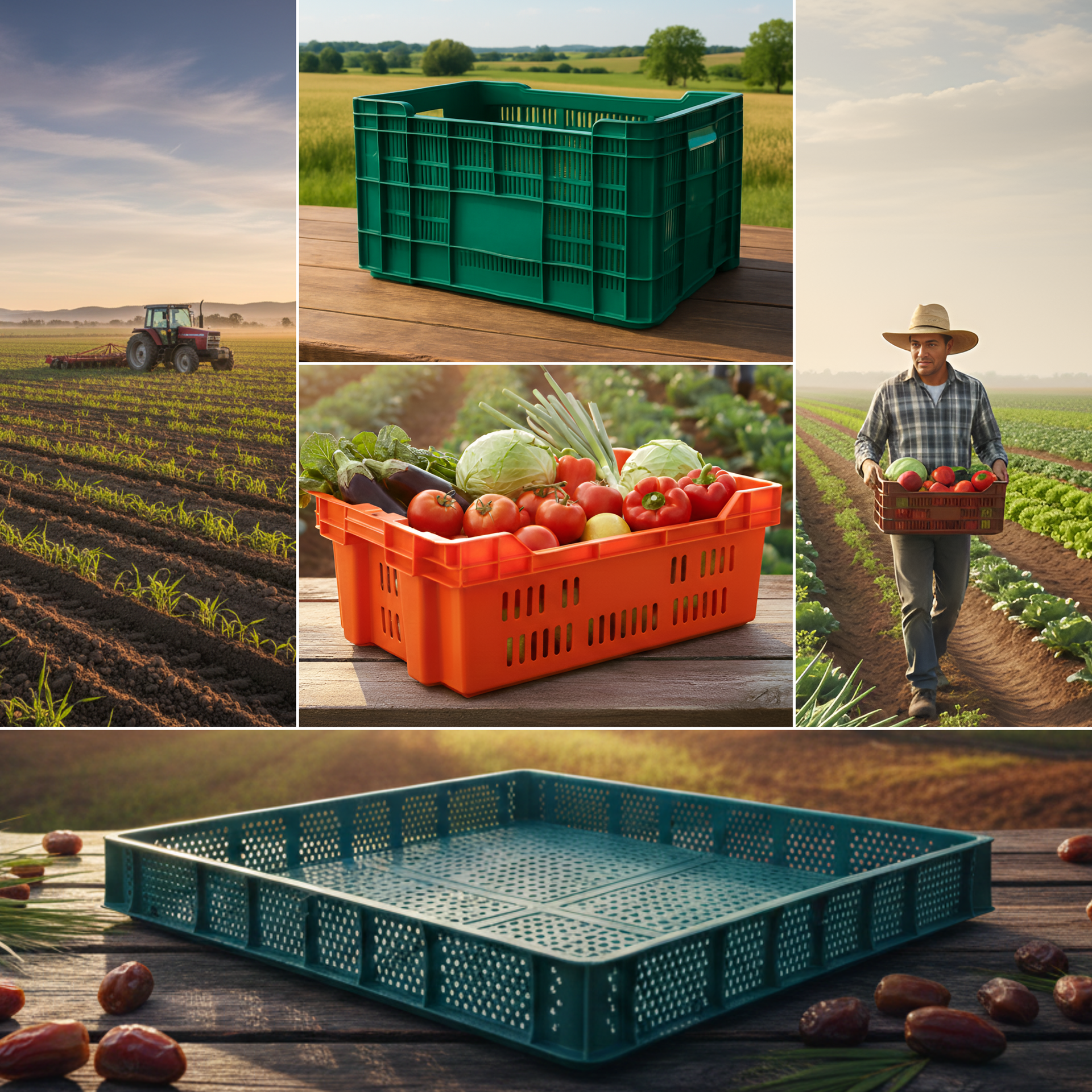 Vegetable farm collage with field harvesting, plastic produce crates, and fresh strawberries in a tray
