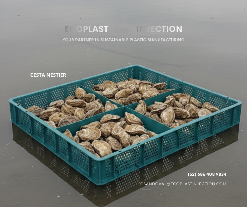 Teal plastic crate filled with oyster shells on a gray surface, with product text overlay