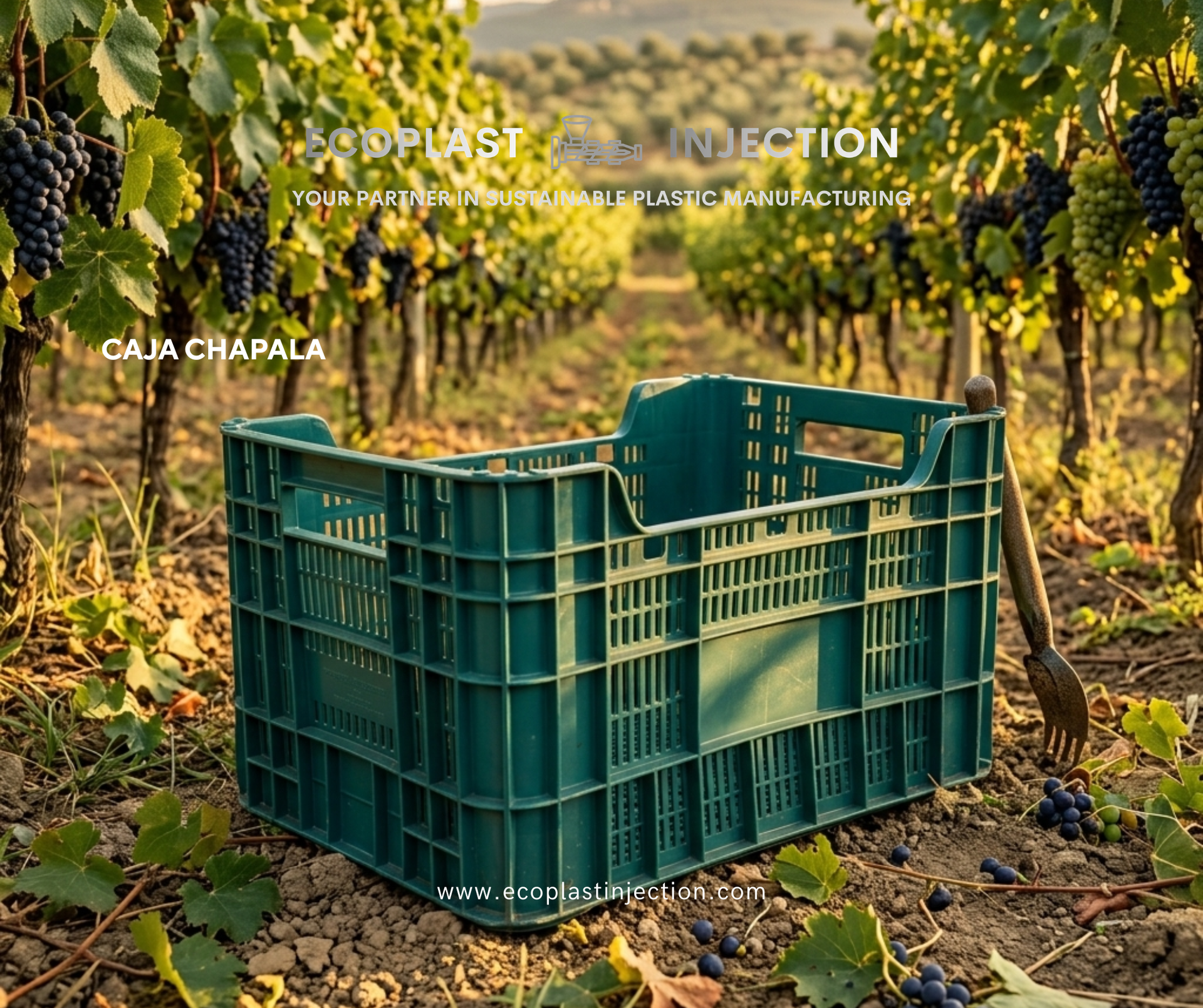 Green plastic crate in a vineyard with grapevines and sunlit rows in the background
