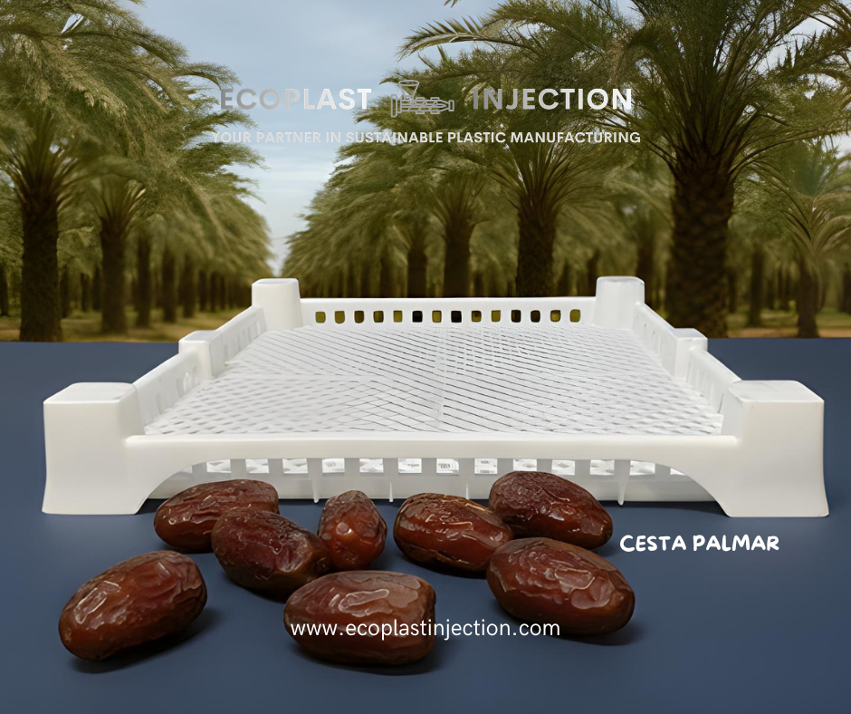 White plastic date-palm fruit collector with brown dates, shown against a palm grove background.