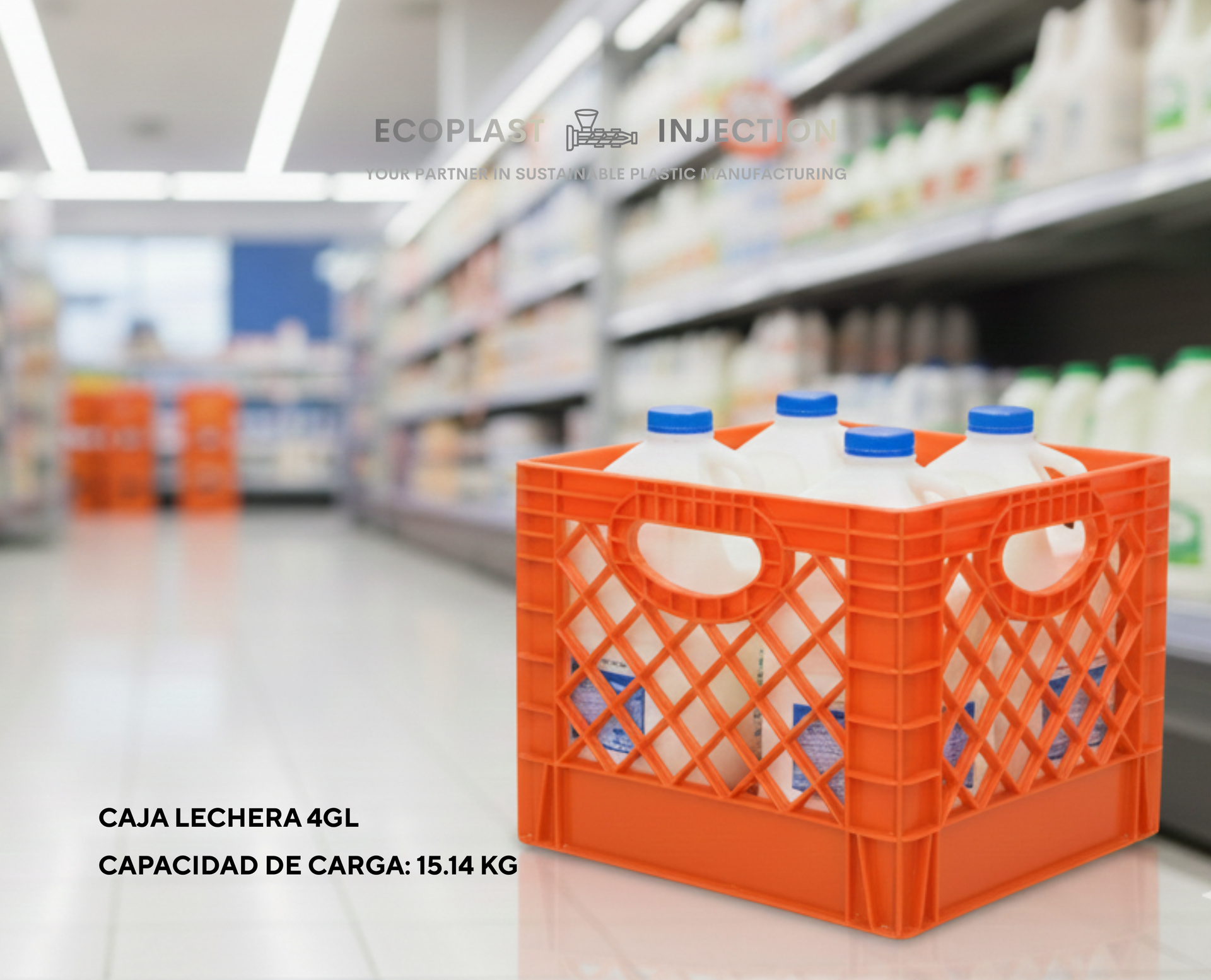 Orange plastic crate of milk bottles in a supermarket aisle, with blurred shelves in the background.