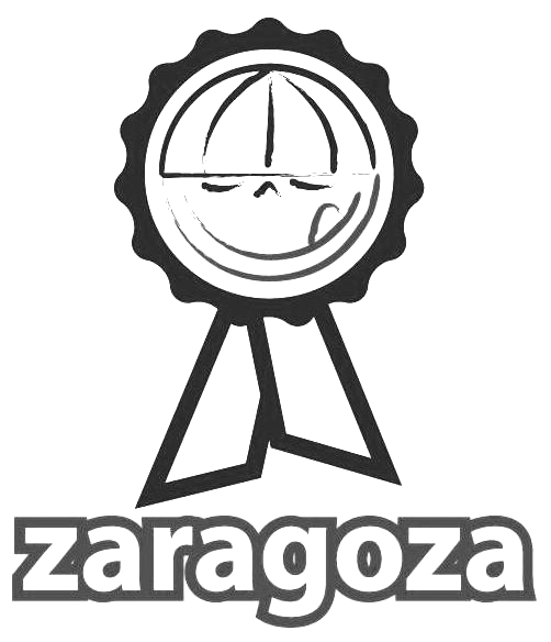 Black-and-white Zaragoza logo with stylized sailboat emblem and ribbon above the word “zaragoza”