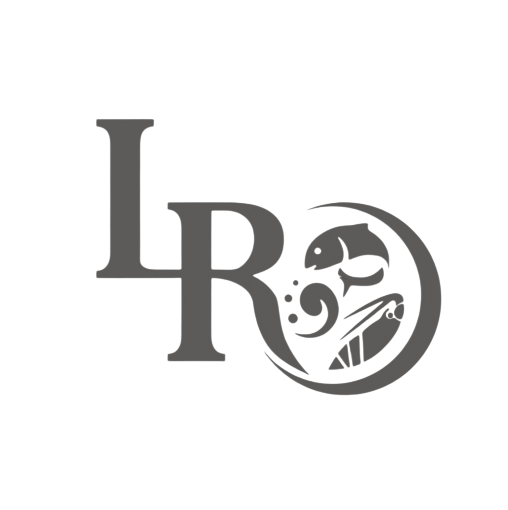 Gray “LR” logo with a circular emblem containing abstract animal and game imagery
