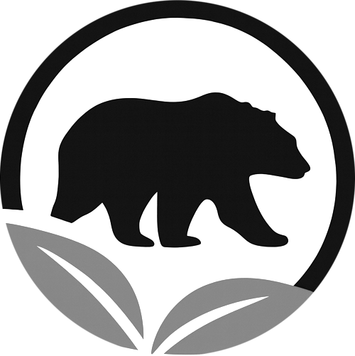 Black bear silhouette inside a circular logo with gray leaves at the bottom