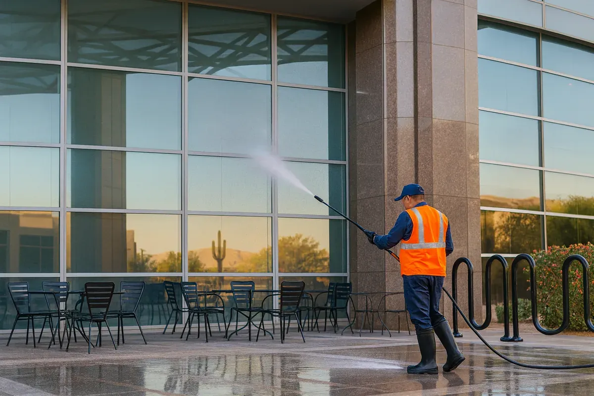 Commercial pressure washing on a plaza in front of a glass office building in Yuma, AZ; technician in safety vest cleans wet pavement.