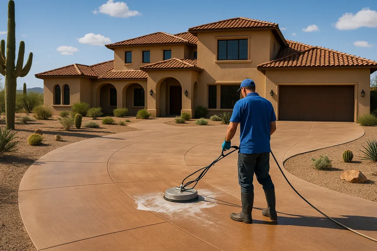 Professional driveway cleaning in Yuma, AZ using a surface cleaner on a stucco home driveway.