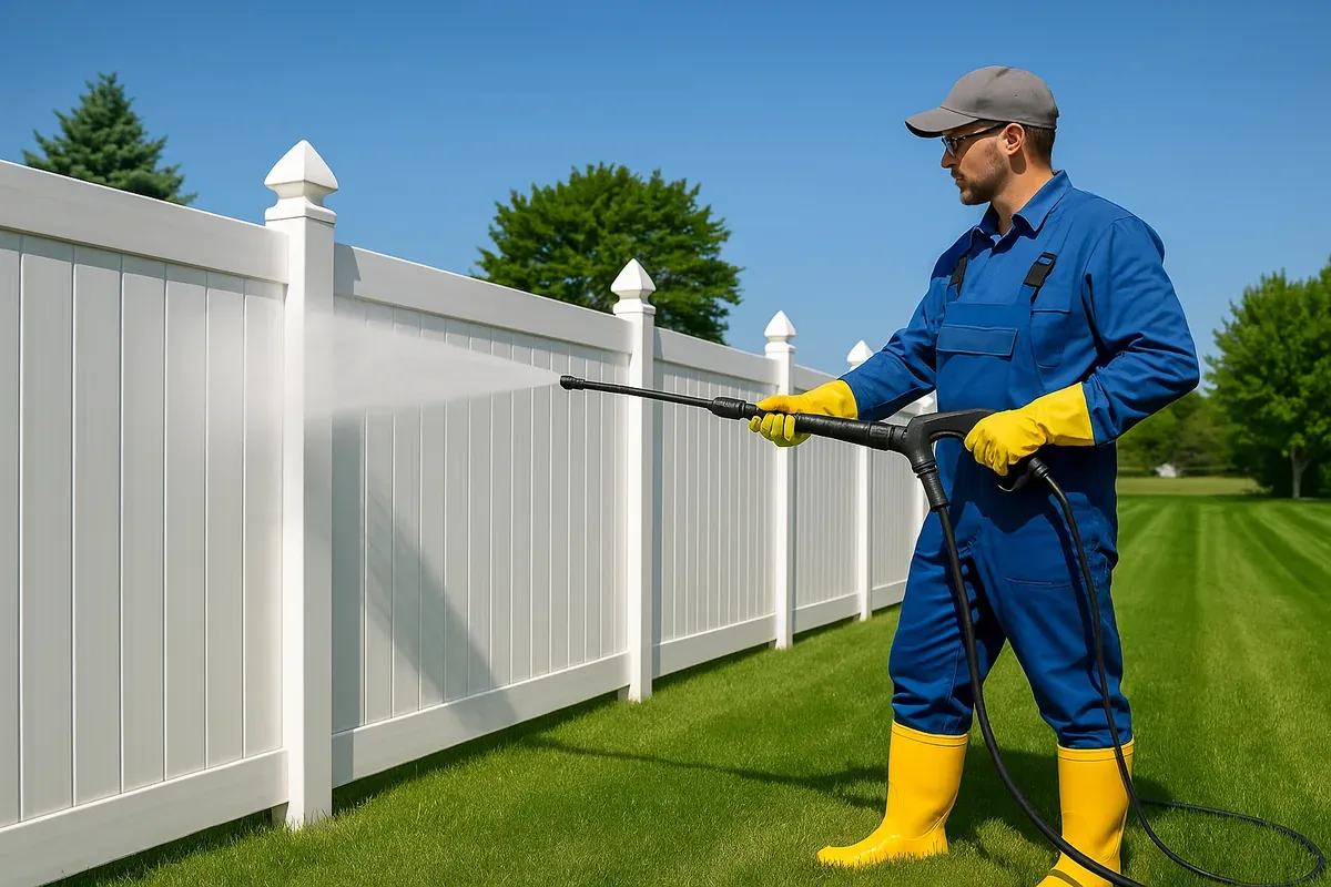 Fence washing in Yuma, AZ—technician rinses a white vinyl fence; green lawn and blue sky.