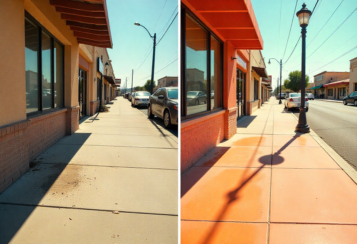 Commercial Sidewalk Cleaning (Yuma, AZ)
Before and after commercial sidewalk cleaning in Yuma, AZ – safe, spotless, and welcoming for customers.