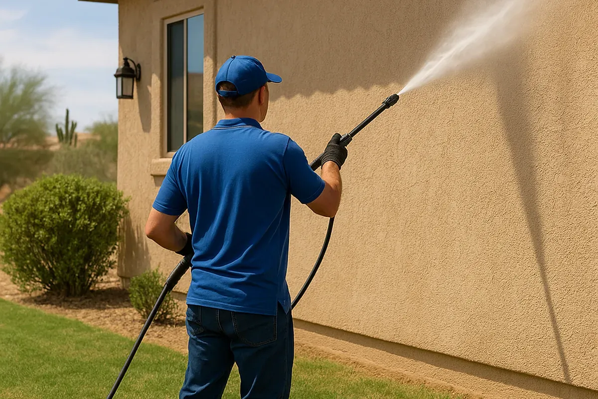 House washing in Yuma, AZ: technician rinsing a stucco side wall with water only, worker facing away.