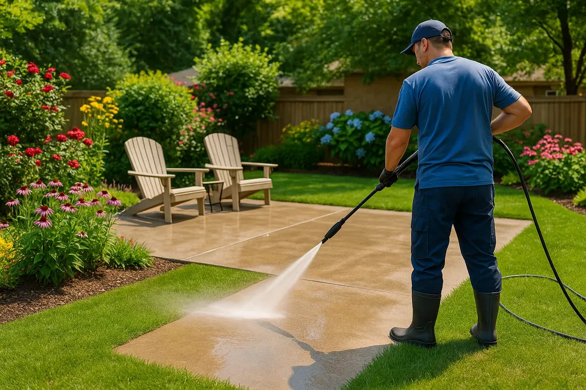 Patio cleaning in Yuma, AZ—technician rinses a backyard concrete patio; lush green grass and flower garden.