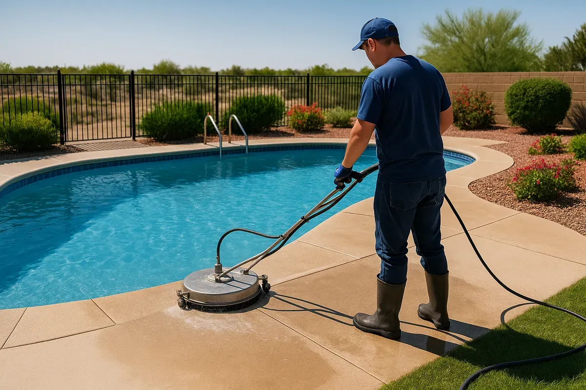 Pool deck cleaning in Yuma, AZ—surface cleaner along pool edge; desert landscaping in background