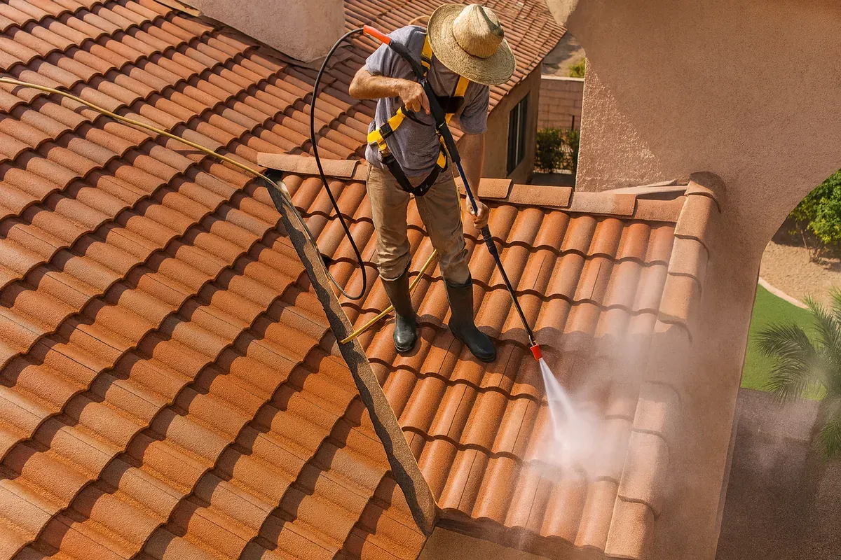 Roof cleaning in Yuma, AZ—technician with safety harness gently rinses terracotta tiles from above (soft-wash).