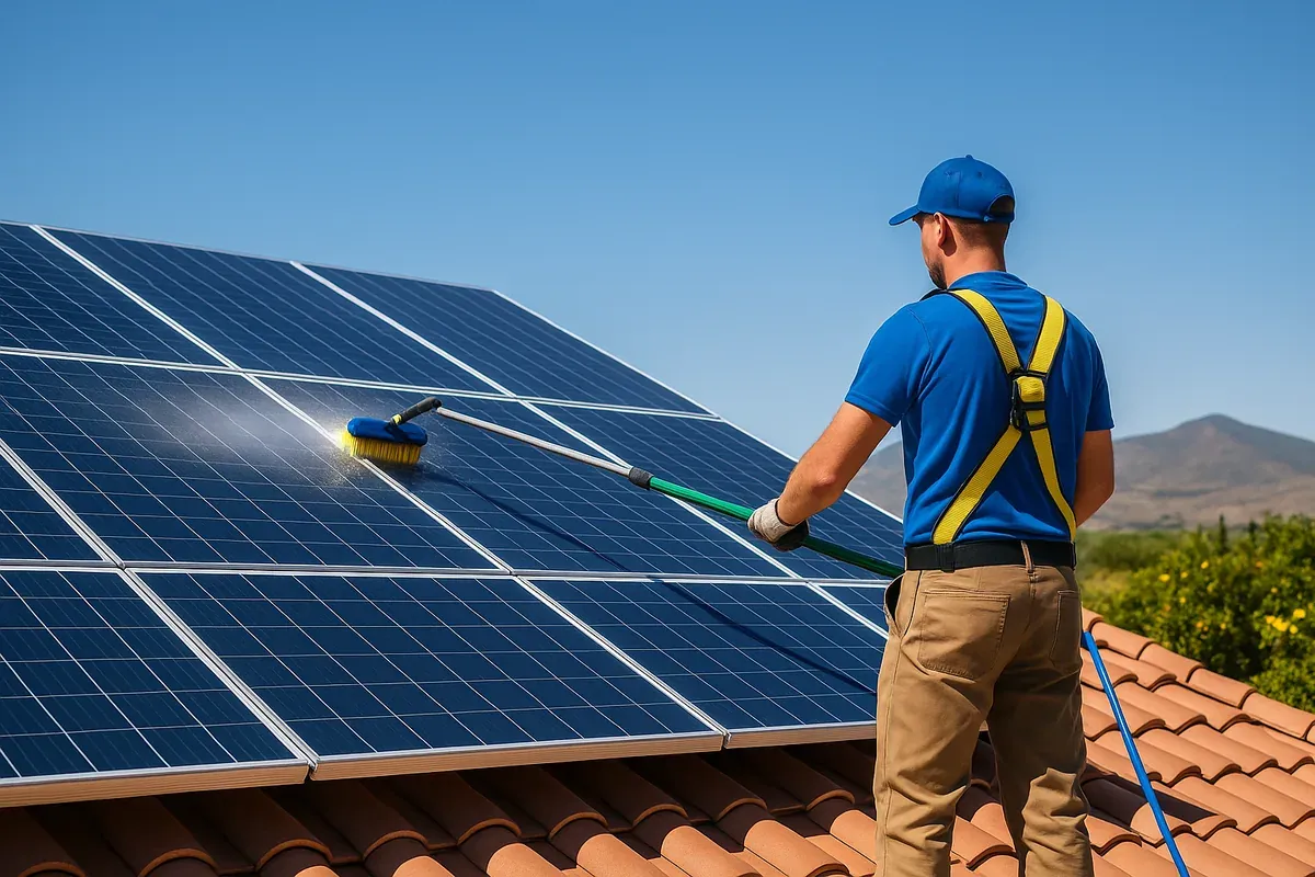 Solar panel cleaning in Yuma, AZ—technician with safety harness uses a water-fed brush on roof-mounted panels.