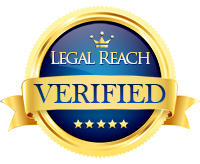 Gold and blue “Legal Reach Verified” badge with ribbon and stars
