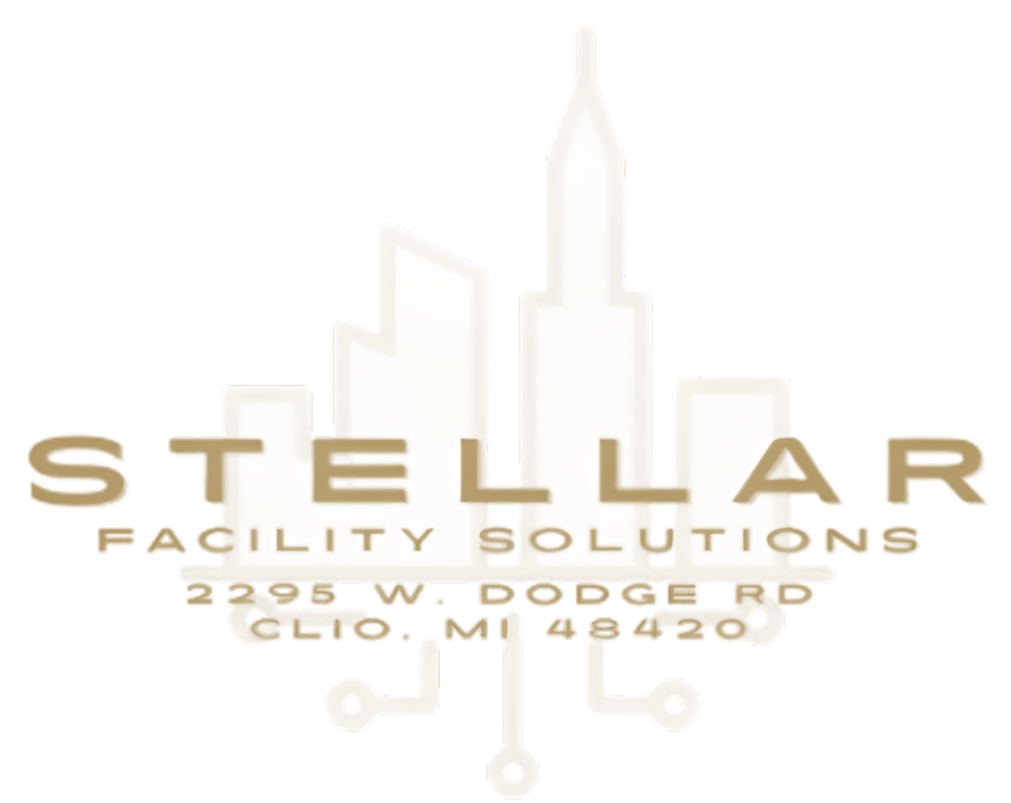 Gold logo for Stellar Facility Solutions with a skyline icon and address in Clio, MI, on a light background.