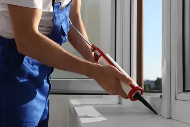 A person is applying caulk to a window sill.