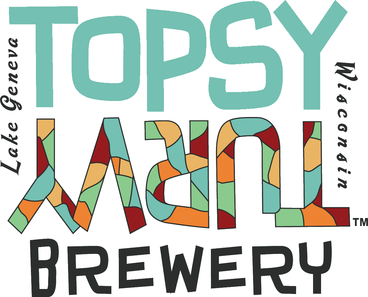 A logo for topsy main brewery in lake geneva wisconsin