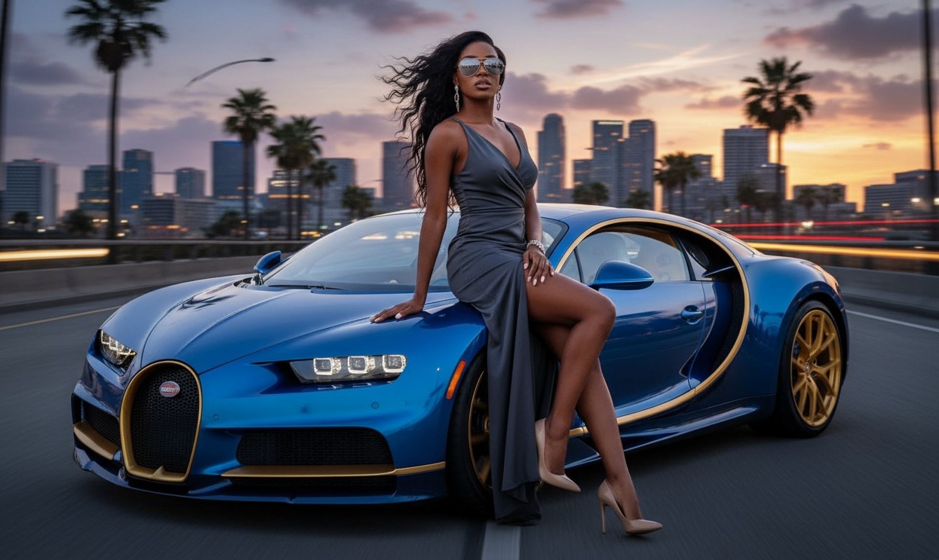 Woman leaning on a blue sports car at sunset with a city skyline in the background