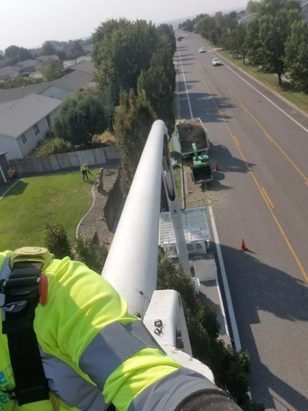 Worker in neon jacket on a bucket lift installing a utility pole by a roadside.