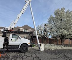 White utility truck with an extended boom parked in a suburban driveway beside blooming trees.