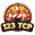123 TCP logo with orange traffic cones and striped barrier on a dark badge