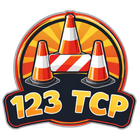 123 TCP logo with orange traffic cones and striped barrier on a dark badge