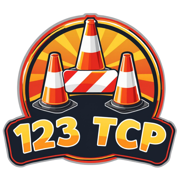123 TCP logo with orange traffic cones over a striped barrier on a black badge
