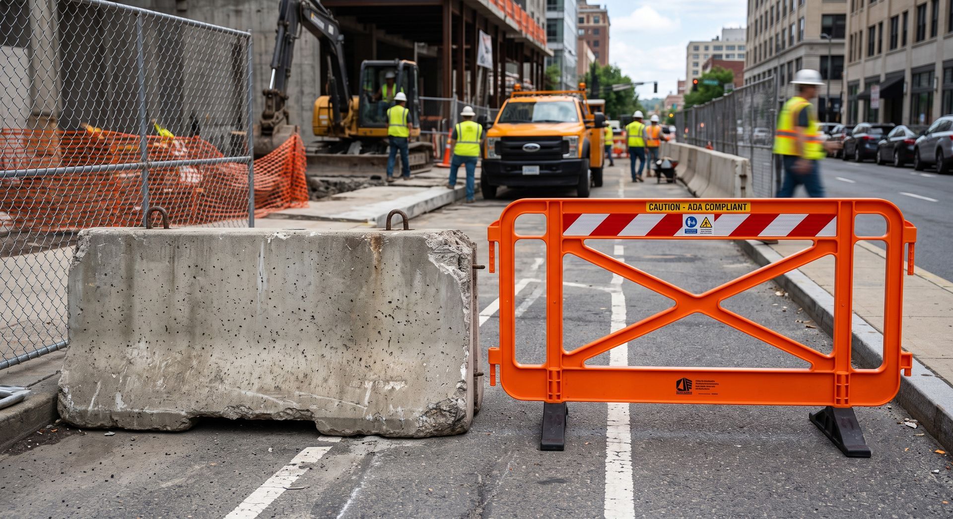 Street construction site with concrete barriers and an orange road barricade blocking a lane