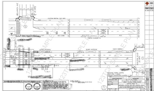 Technical engineering drawing with dimension lines, annotations, and a detailed side elevation of a mechanical structure