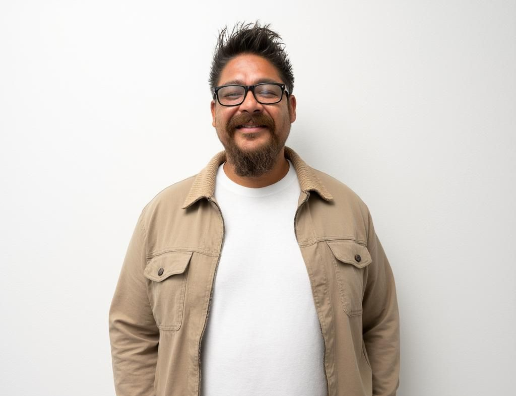 Smiling person in glasses and a blue shirt against a plain white background