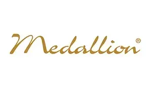 Gold “Medallion” script logo on a white background