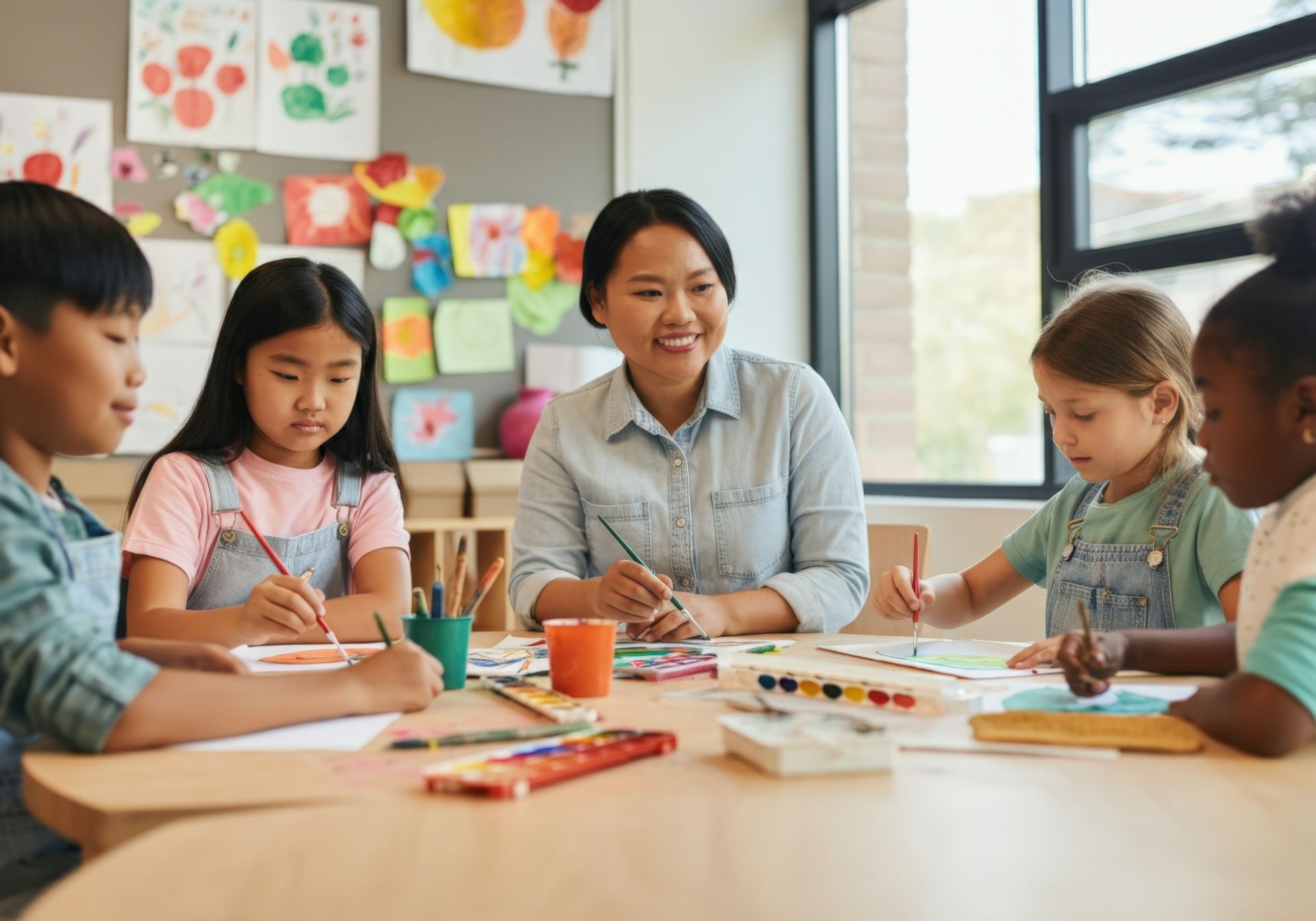 A teacher is teaching a group of children how to paint in a classroom.