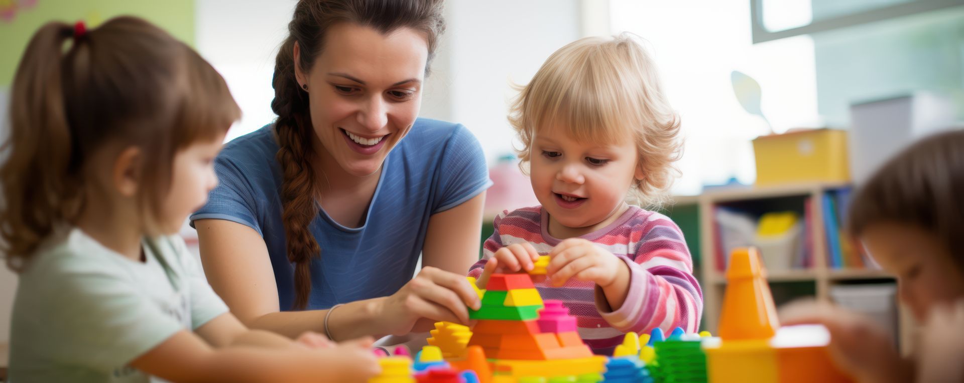 A woman and two children are playing with blocks at a table.
