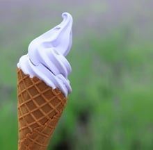 Vanilla soft-serve ice cream in a waffle cone against a blurred green background
