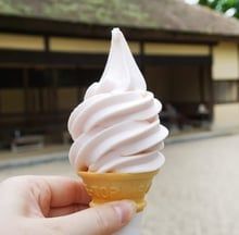 Hand holding a vanilla soft-serve ice cream cone with a building in the background