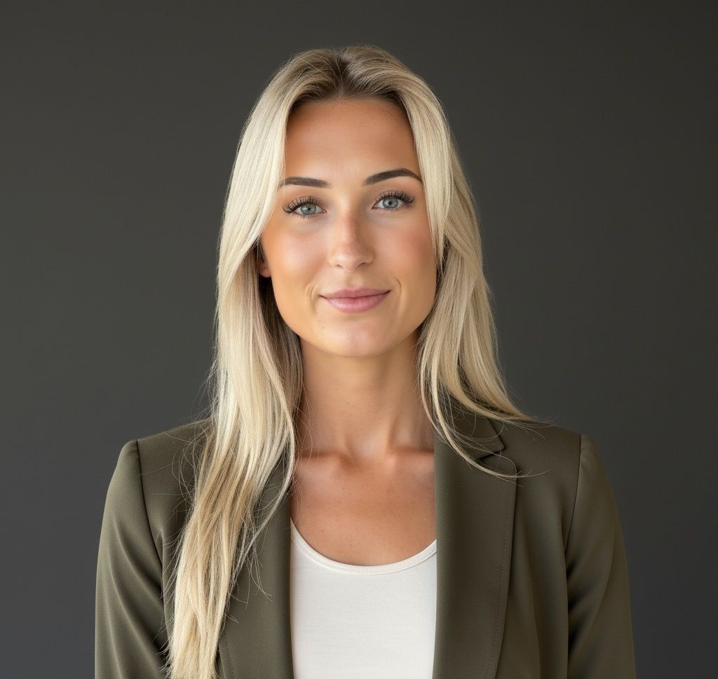 Portrait of a smiling blonde woman in a dark blazer against a gray background