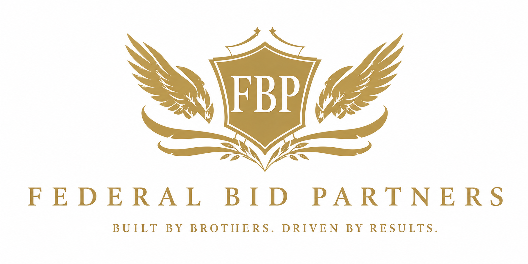 Federal Bid Partners logo with gold wings, shield, and a banner reading “Built by Brothers, Driven by Results.”