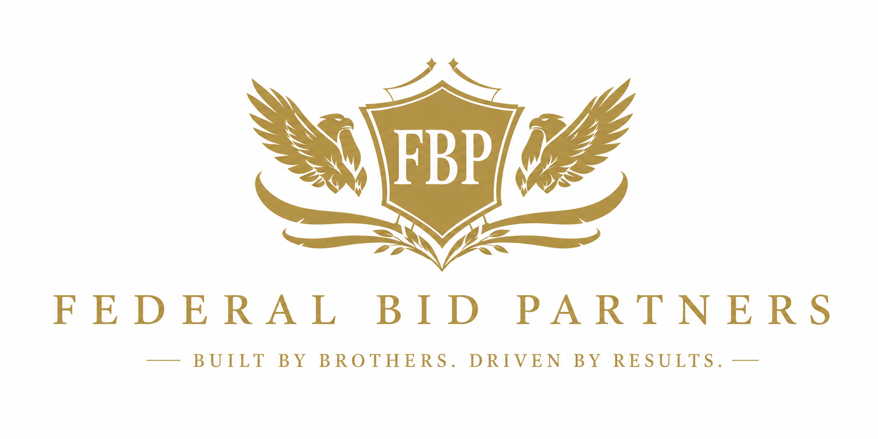 Federal Bid Partners logo with gold wings, shield, and a banner reading “Built by Brothers, Driven by Results.”