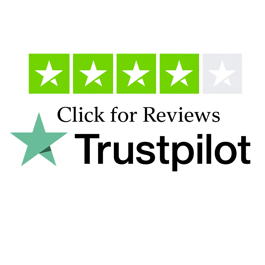 Trustpilot logo with green star rating and “Click for Reviews” text
