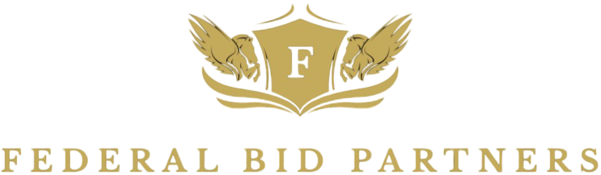 Gold winged shield logo with letter F above the words “Federal Bid Partners”