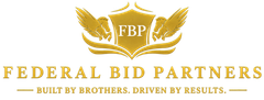 Federal Bid Partners logo with gold wings, shield, and a banner reading “Built by Brothers, Driven by Results.”