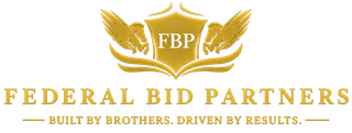 Federal Bid Partners logo with gold wings, shield, and a banner reading “Built by Brothers, Driven by Results.”