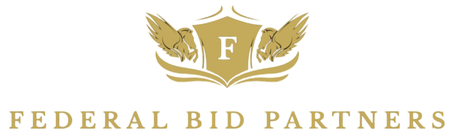 Gold winged shield logo with the letter F above the words &ldquo;Federal Bid Partners&rdquo;